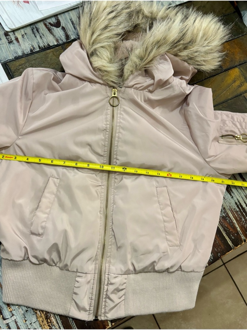 New Look Faux Fur Hood Bomber Jacket L Fits M Blush GorpCore Coat Y2K Beige - Picture 6 of 13